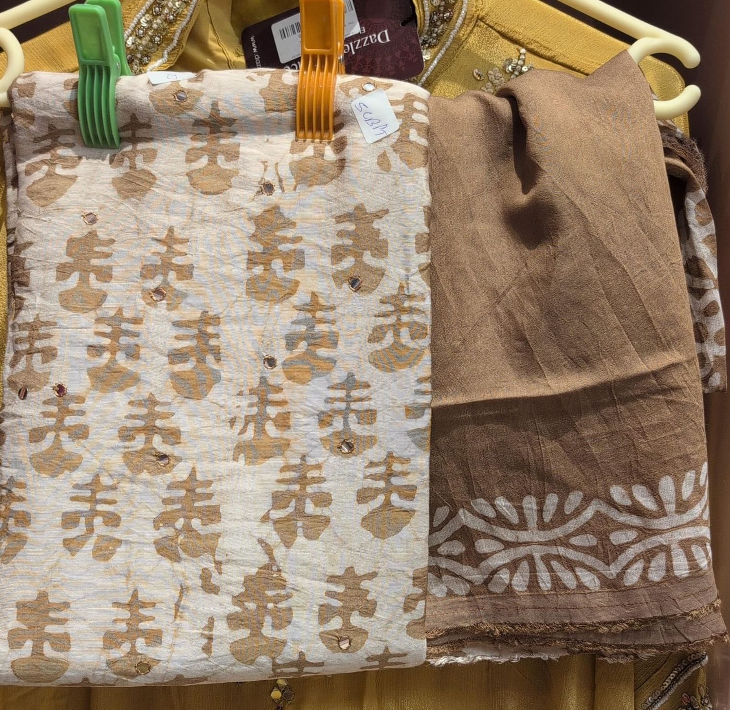 Beige &amp; Coffee Brown Handblock Printed Cotton 3-Piece Unstitched Suit with Mirror Work &amp; Dupatta, Material: Oxidised, Style: Ring