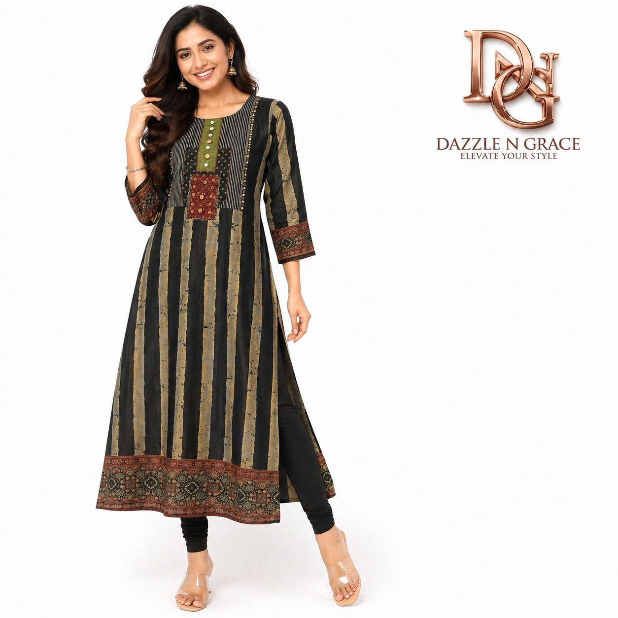 Black Olive Striped Rayon Silk Long Kurti with Embroidered Yoke, Colour: Olive Green, Fabric: Rayon, Size: M