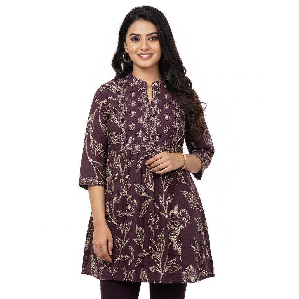 Brown Floral Printed Short Kurti for Women – Elegant Casual &amp; Office Wear (Copy), Colour: Caramel Brown, Fabric: Cotton, Size: S