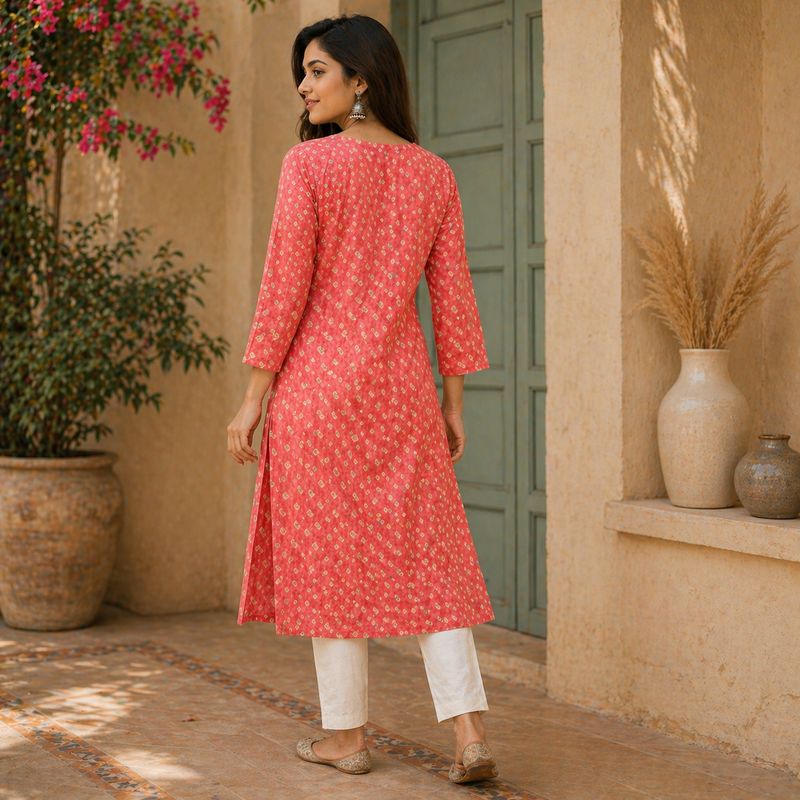 Coral Pink Floral Block Print Cotton Straight Kurta | Casual Daily Ethnic Wear for Women