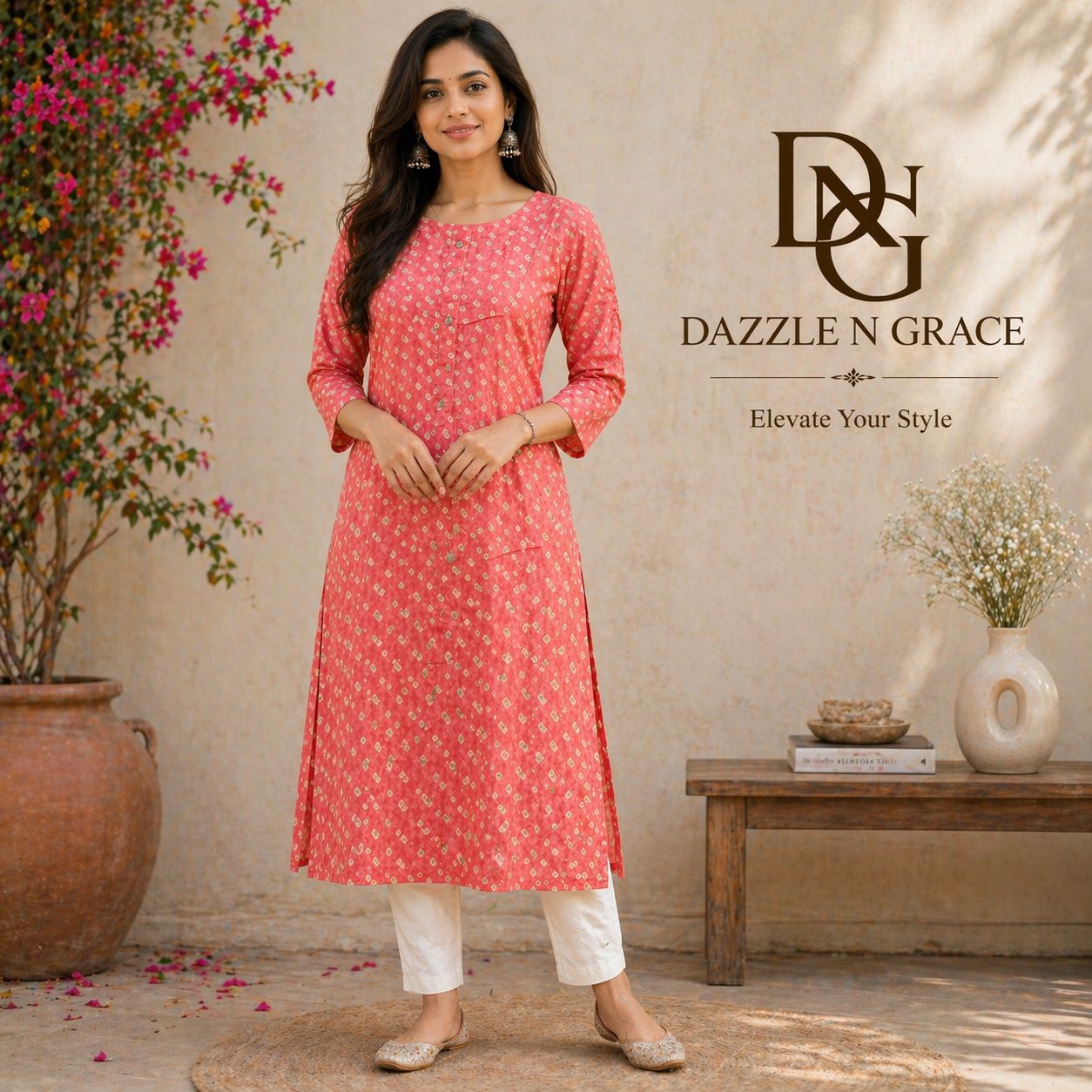 Coral Pink Floral Block Print Cotton Straight Kurta | Casual Daily Ethnic Wear for Women, Colour: Pink, Fabric: Cotton, Size: L