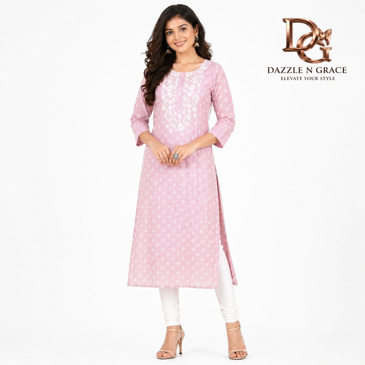 Chikankari Embroidered Long Kurti, Colour: Pink, Fabric: Cotton, Size: M