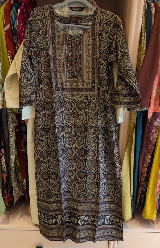 Chocolate Brown &amp; Beige Block Print Cotton Kurti with Mirror Work Yoke