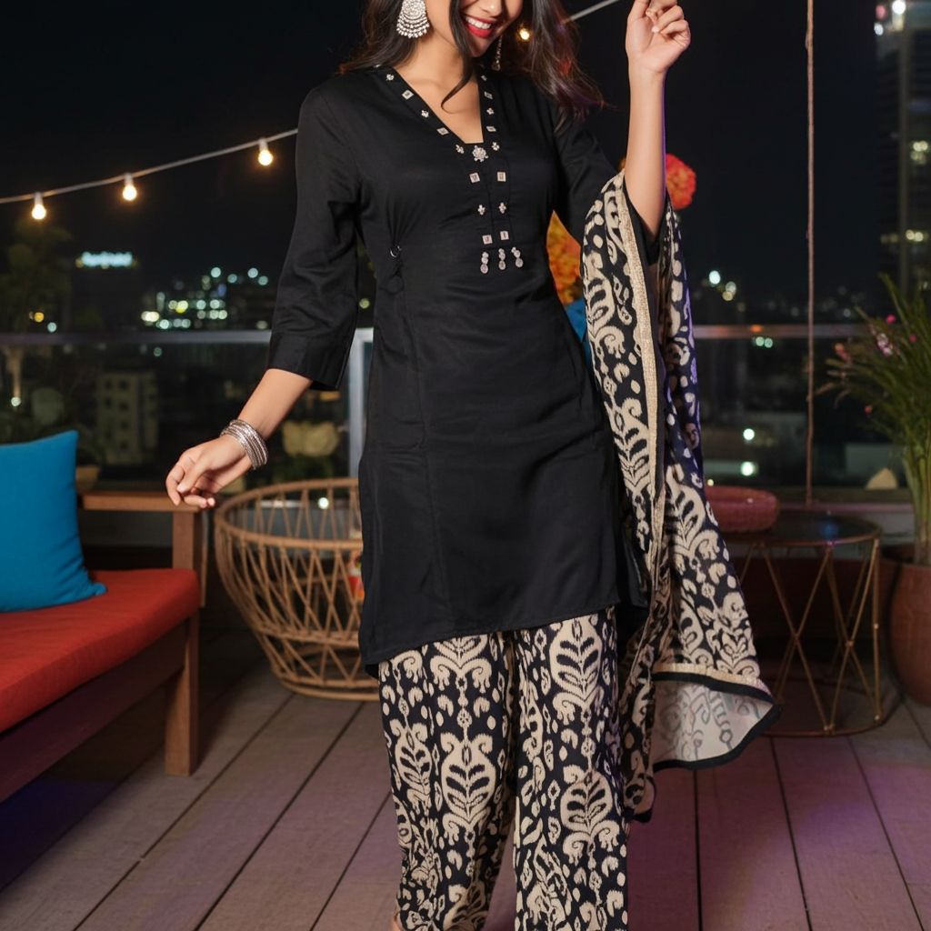 Black Embellished Mirror Kurta with Ivory Ethnic Print Palazzo | Festive Ethnic Coord Set