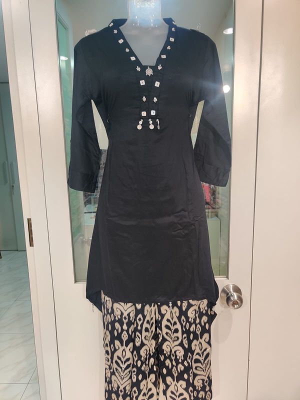 Black Embellished Mirror Kurta with Ivory Ethnic Print Palazzo | Festive Ethnic Coord Set