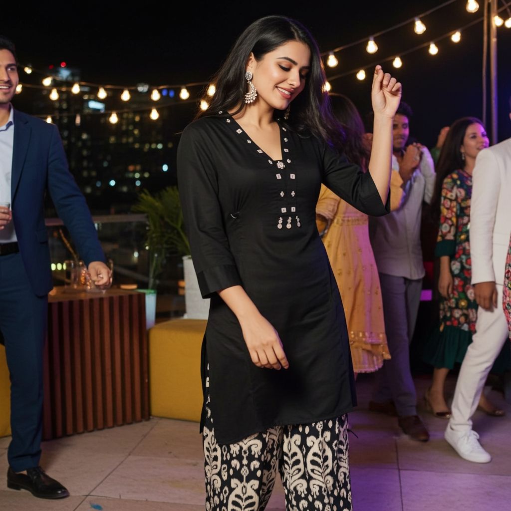 Black Embellished Mirror Kurta with Ivory Ethnic Print Palazzo | Festive Ethnic Coord Set, Colour: Black, Fabric: Cotton, Size: M
