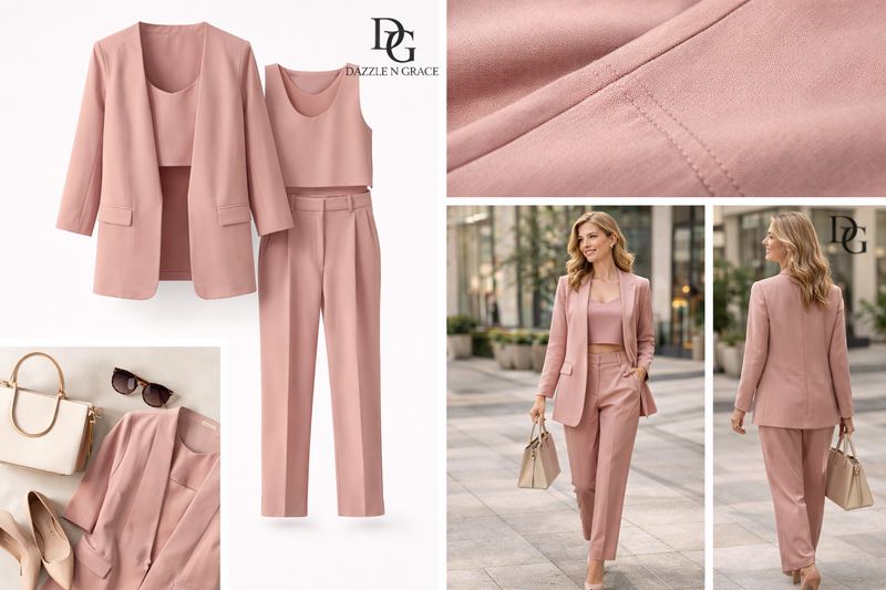 Blush Pink Co-Ord Set Open Blazer &amp; Elastic Waist Trousers