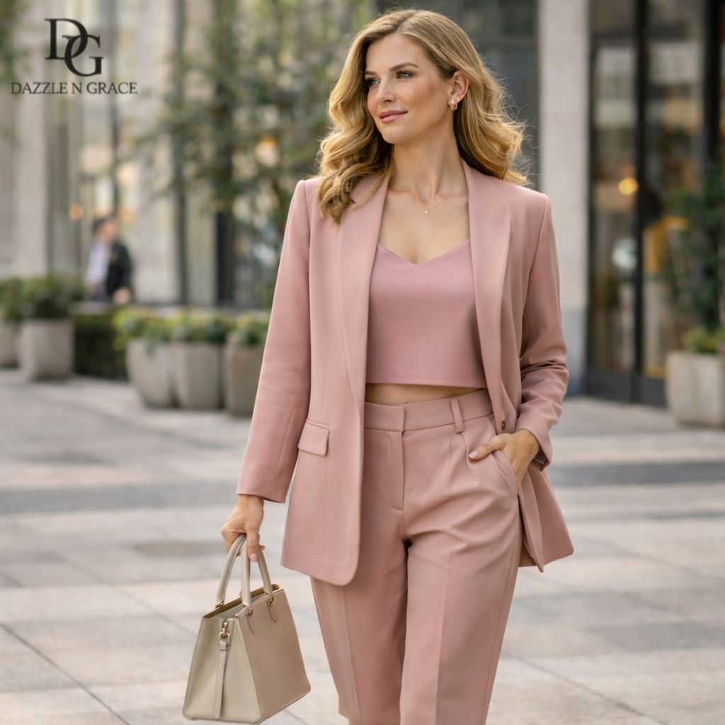 Blush Pink Co-Ord Set Open Blazer &amp; Elastic Waist Trousers, Colour: Default Title, Fabric: Other, Size: Free Size