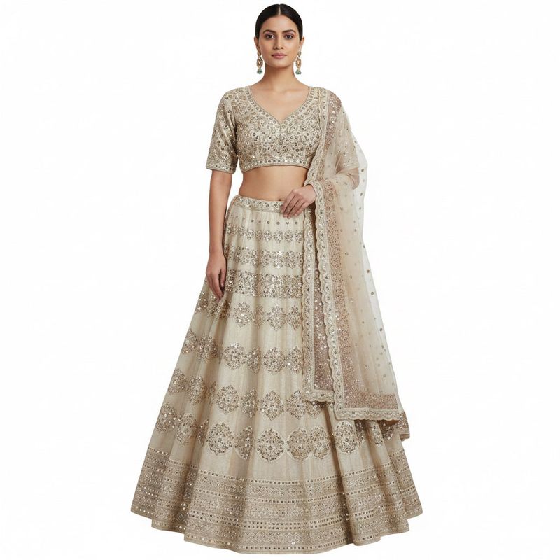 Champagne Beige Embroidered Ghaghara Choli | Mirror Sequin Zari | 3-Piece Bridal Set