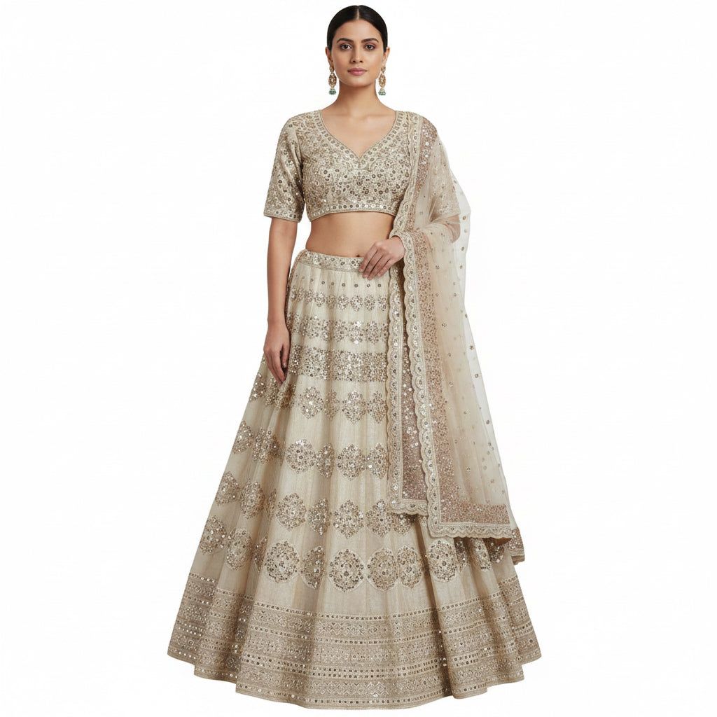 Champagne Beige Embroidered Ghaghara Choli | Mirror Sequin Zari | 3-Piece Bridal Set, Material: Imitation, Style: Necklace