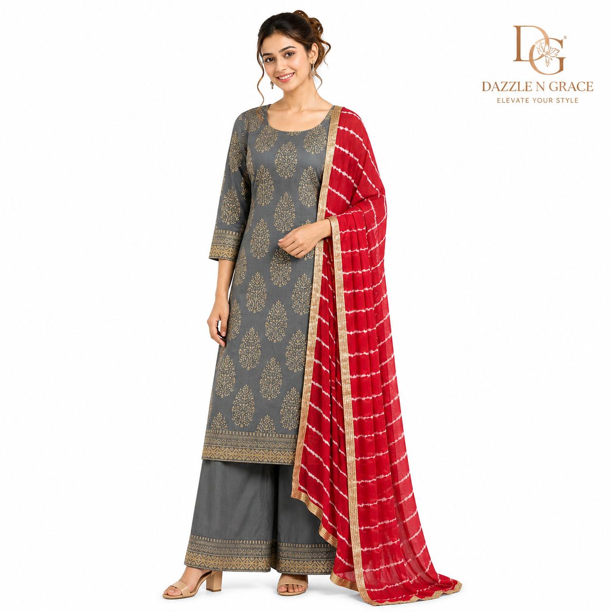 Charcoal Grey Gold Buta Print Kurta with Red Leheriya Dupatta | Festive Ethnic 2-Piece Set