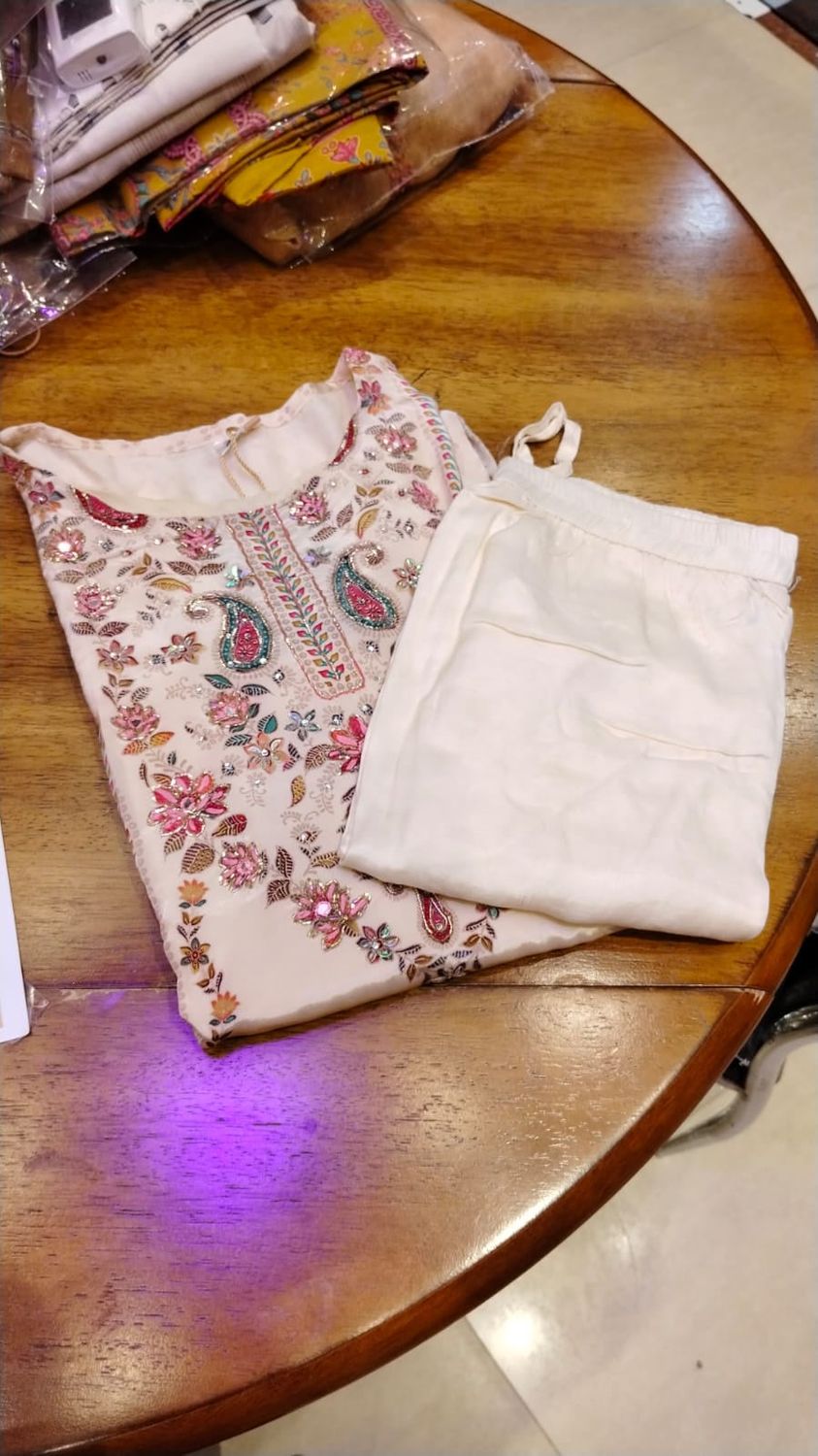 Cream Multicolor Embroidered Kurta with Sequin Paisley Detailing, Printed Dupatta &amp; Pants | 3-Piece Festive Set, Colour: Cream, Fabric: Other, Size: M