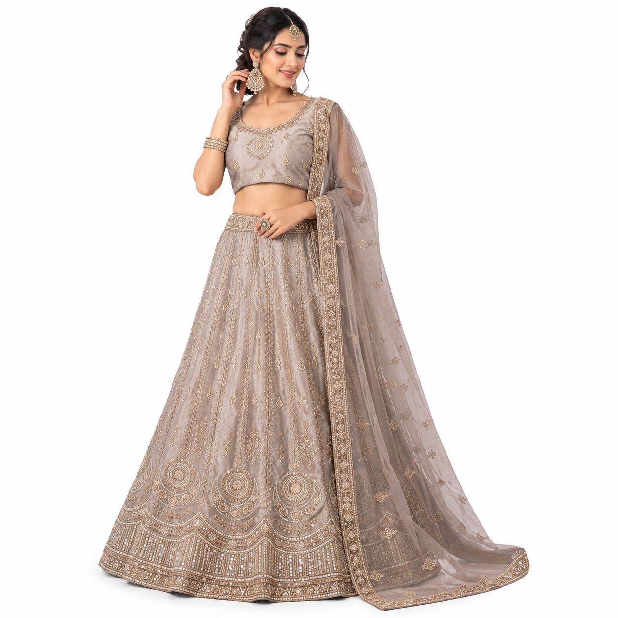 Champagne Gold Hand-Embroidered Lehenga Set | Zardozi Sequin 3-Piece | Wedding Wear