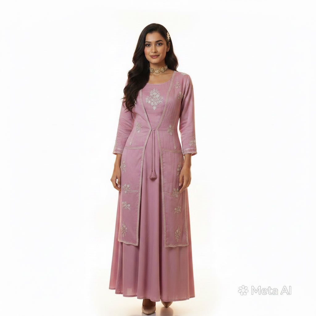 Blush Pink Embroidered Long Jacket Gown Set | Sequin Ethnic Fusion | Wedding Wear