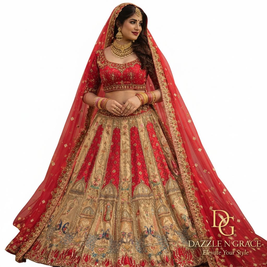 Bridal Lehenga Set | Gold Pink Zardozi Temple Motif | 3-Piece Wedding Bridal Wear