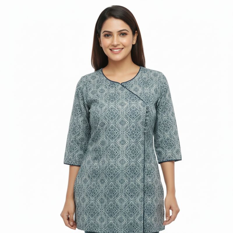 Blue Ethnic Print Short Kurti for Women – Stylish Casual &amp; Office Wear