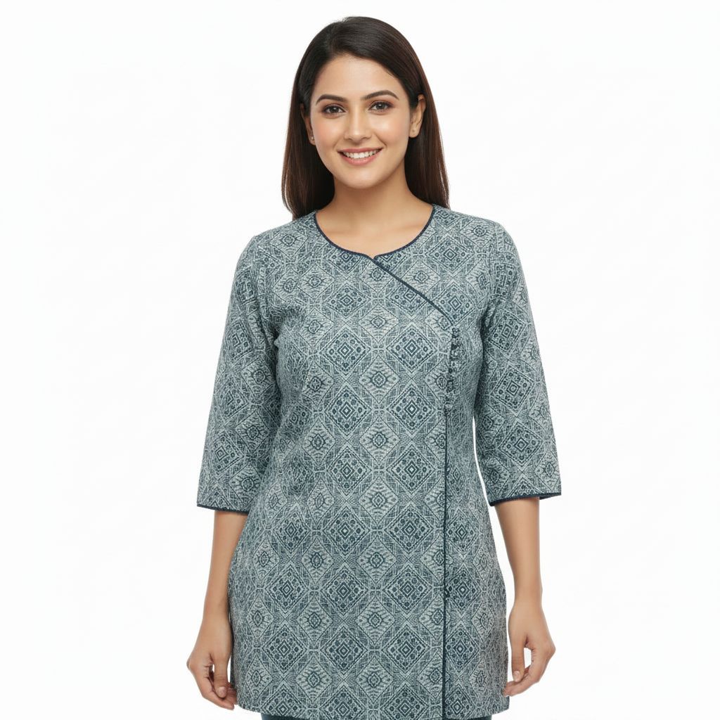 Blue Ethnic Print Short Kurti for Women – Stylish Casual &amp; Office Wear, Colour: Blue, Fabric: Cotton, Size: M
