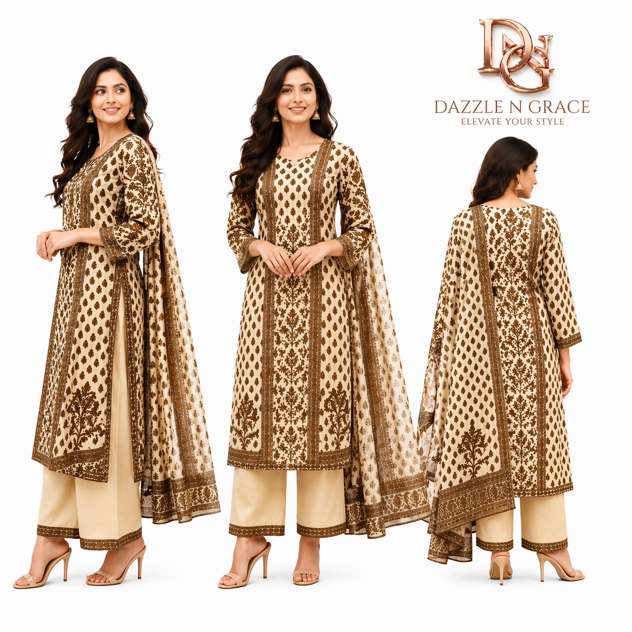 Cream &amp; Brown Hand Block Print Cotton Kurti with Paisley Motifs &amp; Dupatta | Ethnic Casual Wear