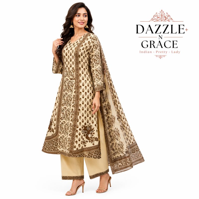 Cream &amp; Brown Hand Block Print Cotton Kurti with Paisley Motifs &amp; Dupatta | Ethnic Casual Wear