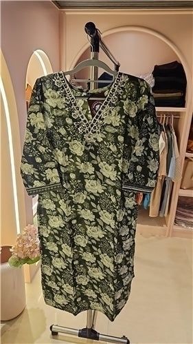 Dark Green Floral Printed Kurta with Embellished V-Neckline | Mirror Thread Embroidery Pant Dupatta Set | Casual Semi-Formal