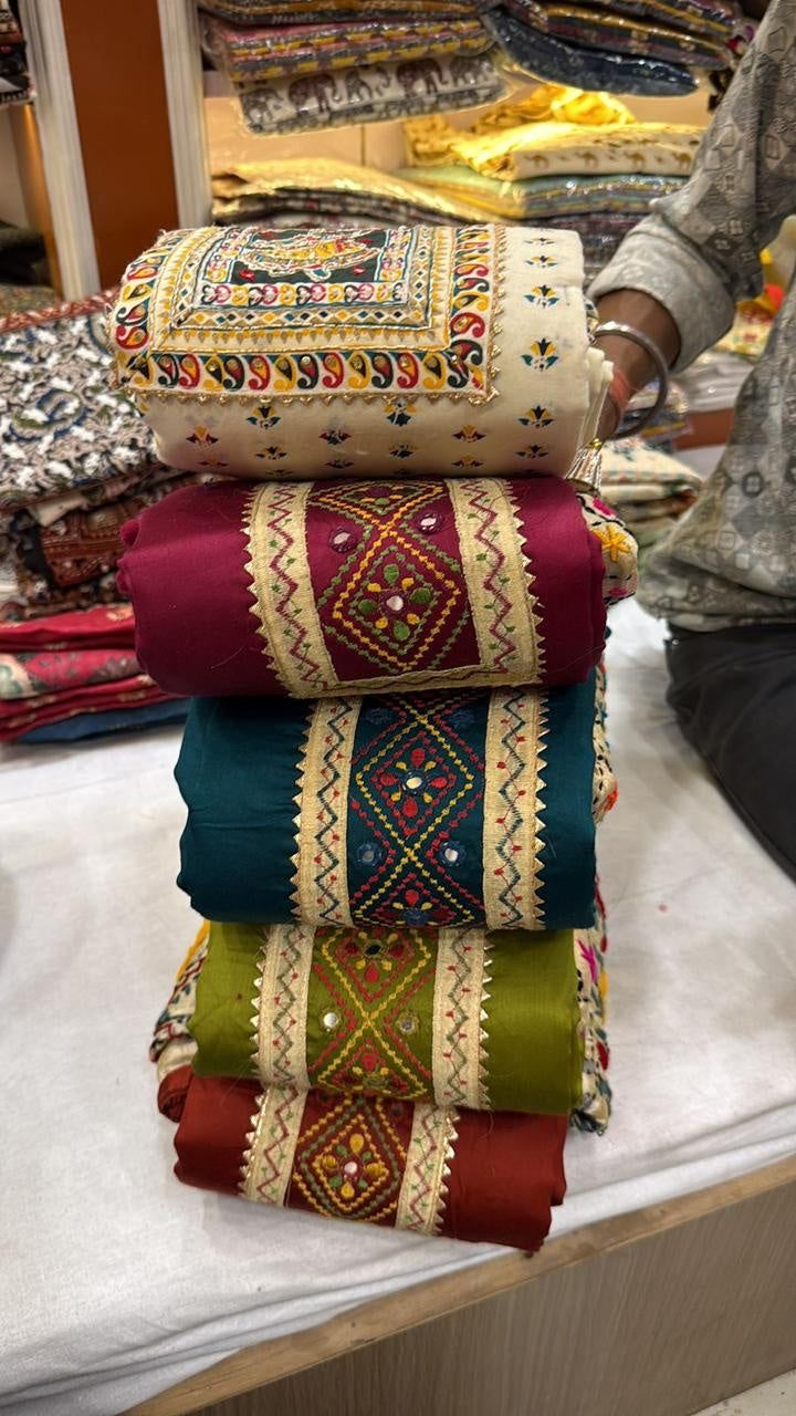 Handcrafted Embroidered Dress Material Set | Cotton Silk Rajasthani Folk Mirror Thread | Chanderi Flower Dupatta | Unstitched