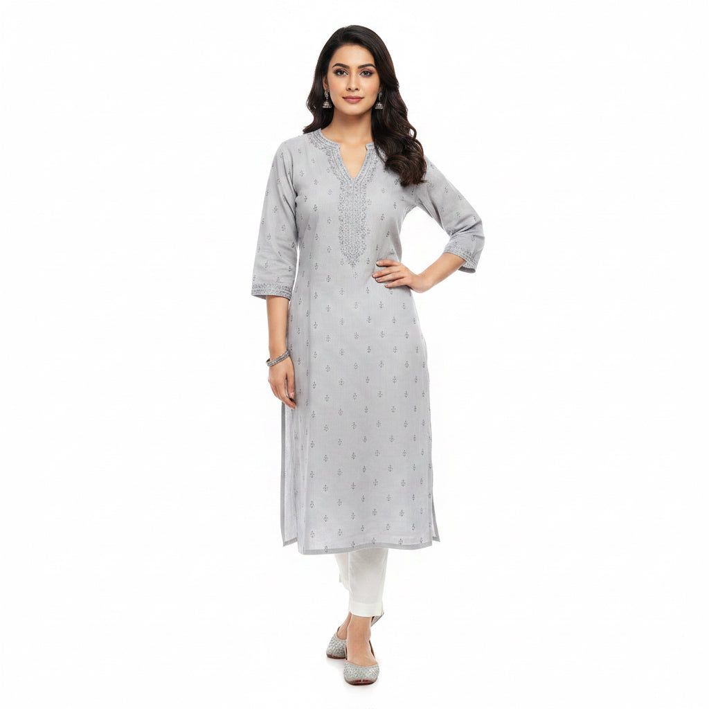 Elegant Grey Embroidered Long Kurti for Women, Colour: Grey, Fabric: Cotton, Size: M