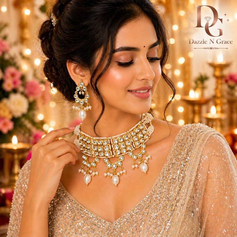 Elegant Kundan Choker Necklace Set with Pearl Drops – Gold Plated Bridal &amp; Festive Jewellery