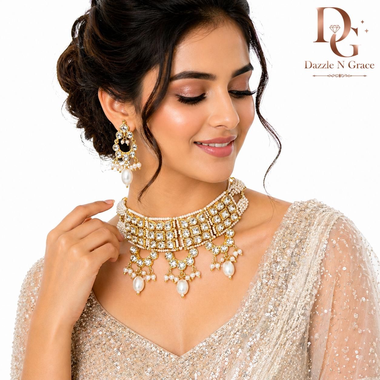 Elegant Kundan Choker Necklace Set with Pearl Drops – Gold Plated Bridal &amp; Festive Jewellery, Colour: Crystal white, Jewelry type: Imitation jewelry, Necklace design: Choker