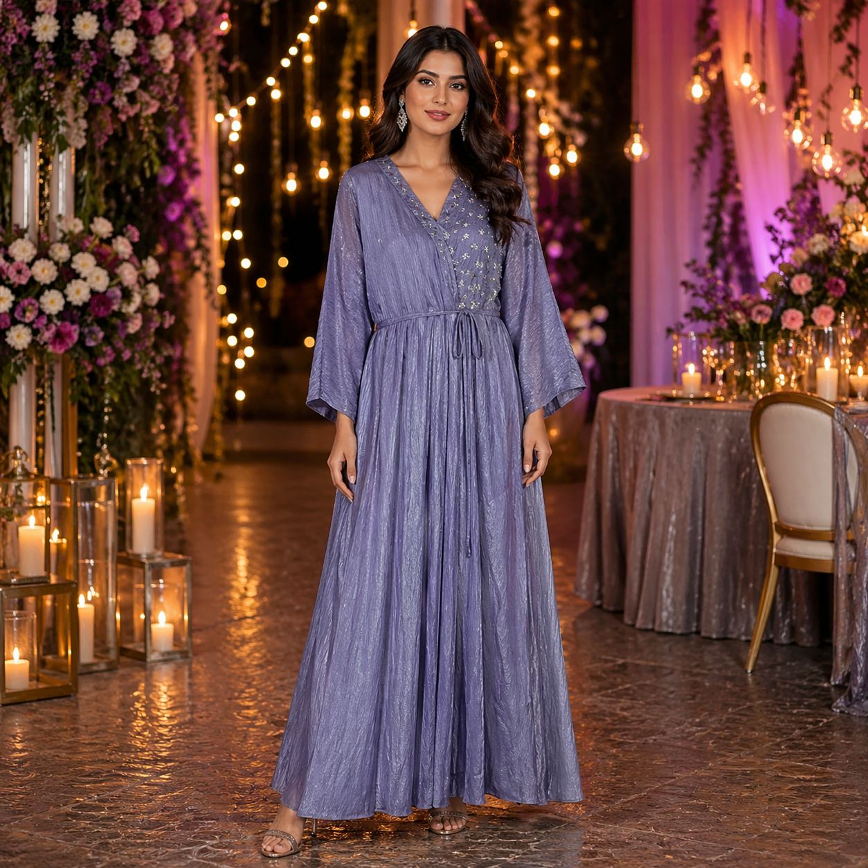 Dusky Lilac Embroidered Wrap Gown | Floral Ethnic Wrap | Festive Evening Wear, Colour: Dusky Lilac, Fabric: Satin, Size: XXL