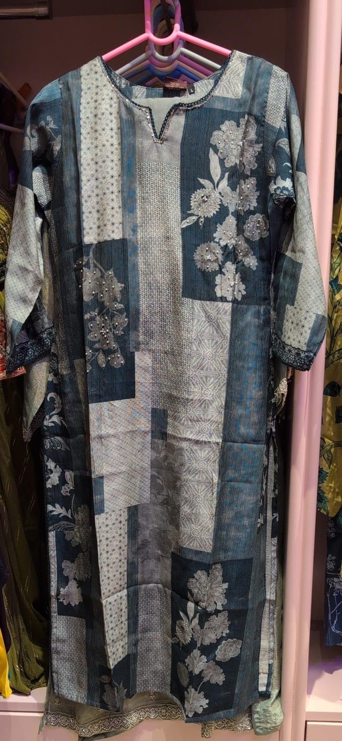 Elegant Teal Grey Floral Patchwork Printed Full Ladies Suit | Casual Ethnic Wear for Women, Colour: Teal Grey, Fabric: Other, Size: L