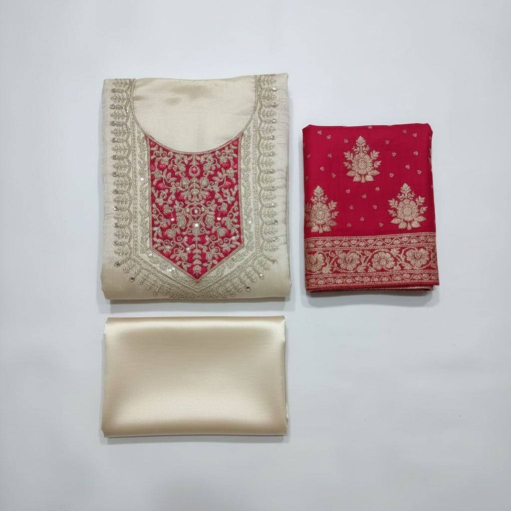 Cream &amp; Rani Pink Embroidered Silk Blend Dress Material | Zari Resham Mirror Cutdana | 3-Piece Unstitched, Colour: Gold / Cream, Fabric: Silk, Size: Free Size