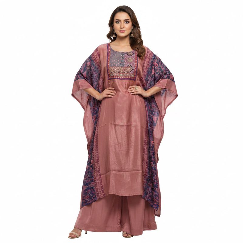 Embroidered Designer Kaftan With Palazzo | Rose Pink &amp; Navy Mirror Tassel | Festive Wear