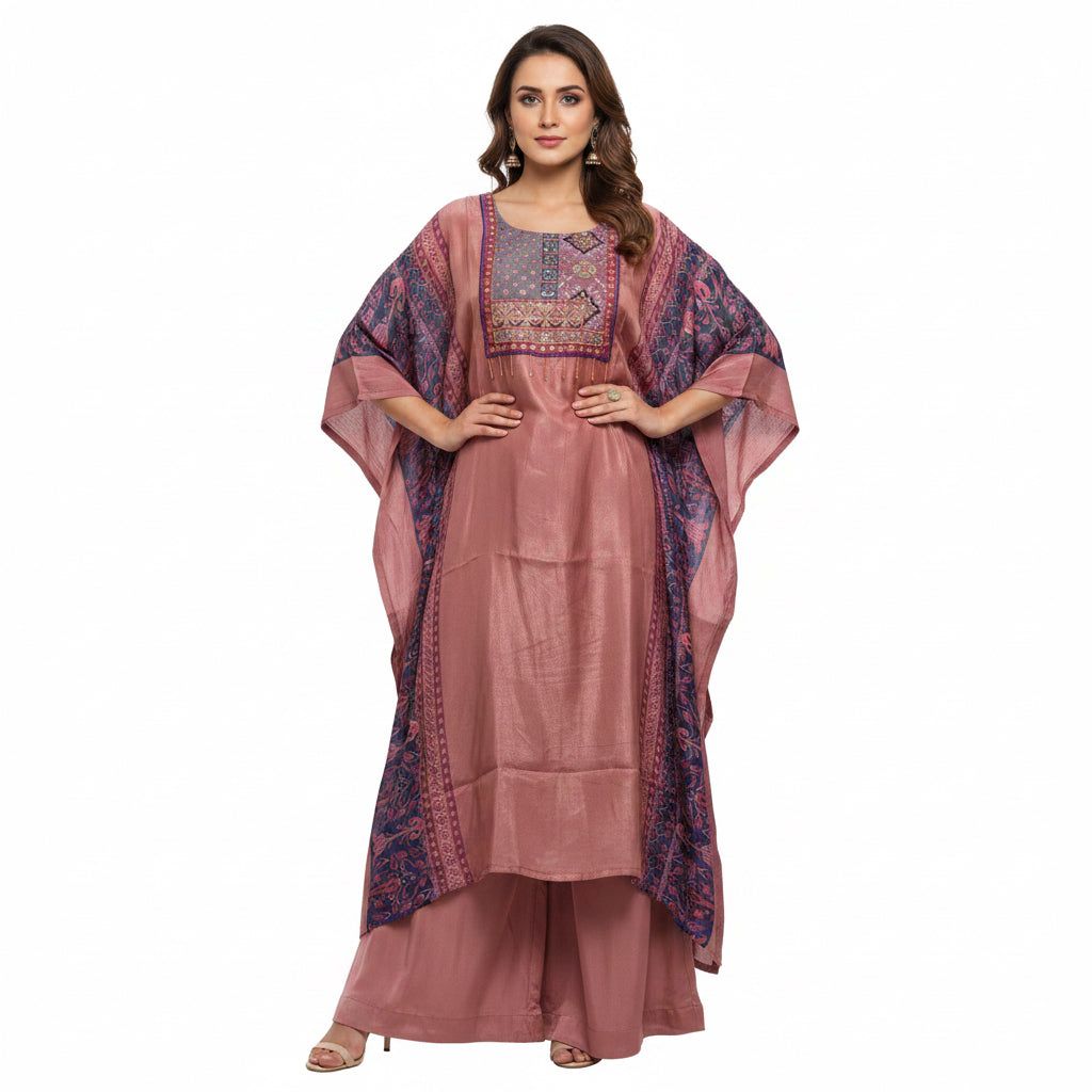 Embroidered Designer Kaftan With Palazzo | Rose Pink &amp; Navy Mirror Tassel | Festive Wear, Colour: Navy Blue / Blue, Fabric: Satin, Size: M