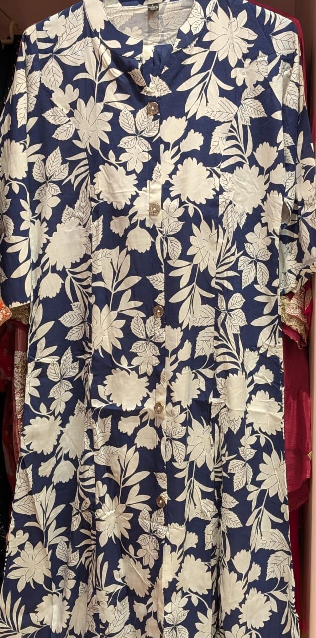 Ivory Botanica Button-Front Kurta with Pant | Navy Blue Mandarin Collar A-Line Cotton | Office Travel Everyday