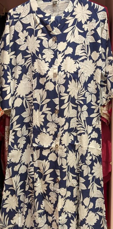 Ivory Botanica Button-Front Kurta with Pant | Navy Blue Mandarin Collar A-Line Cotton | Office Travel Everyday