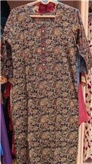 Indigo Floral Jaal Kurta with Contrast Chevron Placket | Beige Rust Highlights Straight Calf Length | Everyday Festive, Colour: Beige And Rust, Fabric: Other, Size: XXL