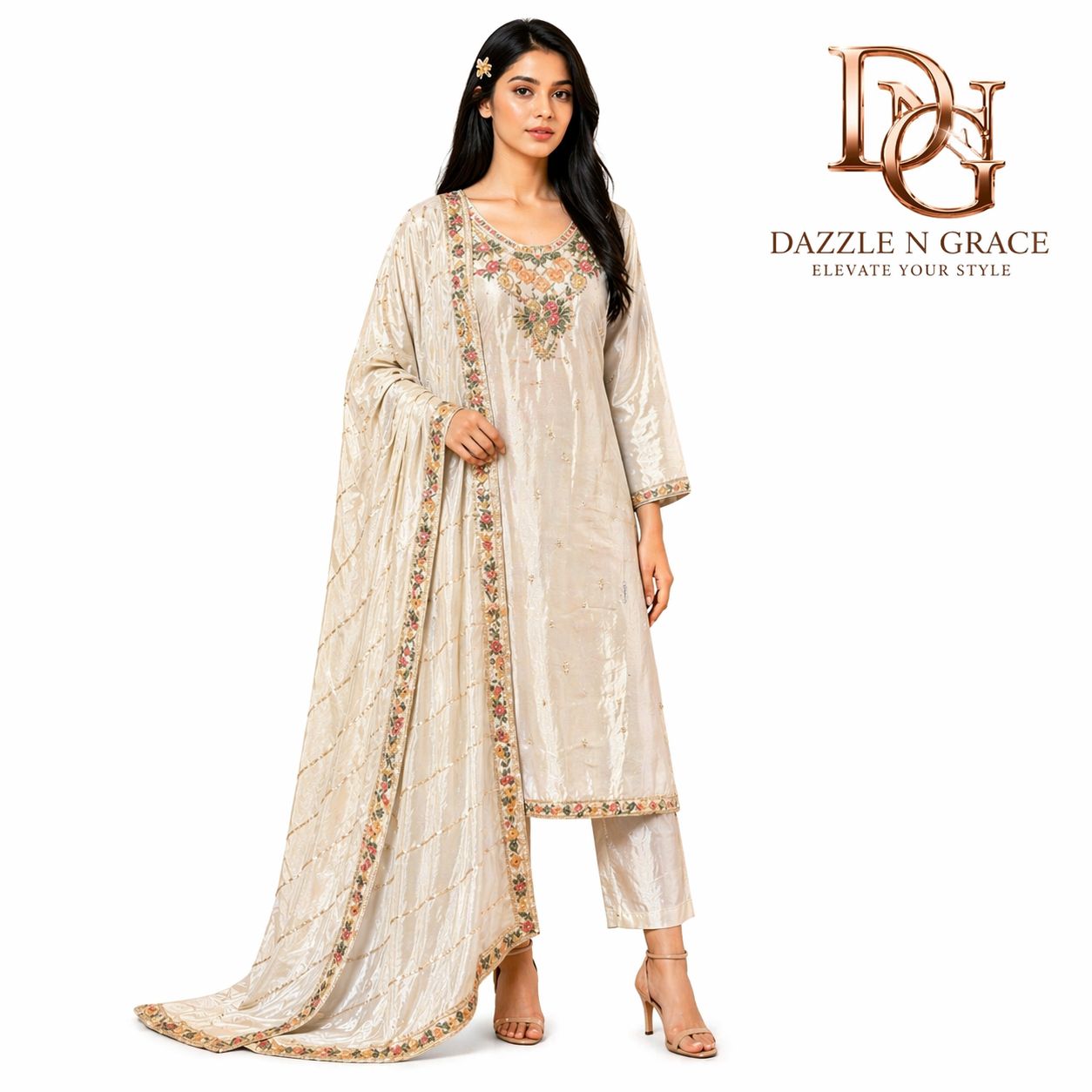 Ivory Bloom Floral Embroidered Salwar Suit with Dupatta | Elegant Festive Ethnic Wear, Colour: Ivory, Fabric: Other, Size: M