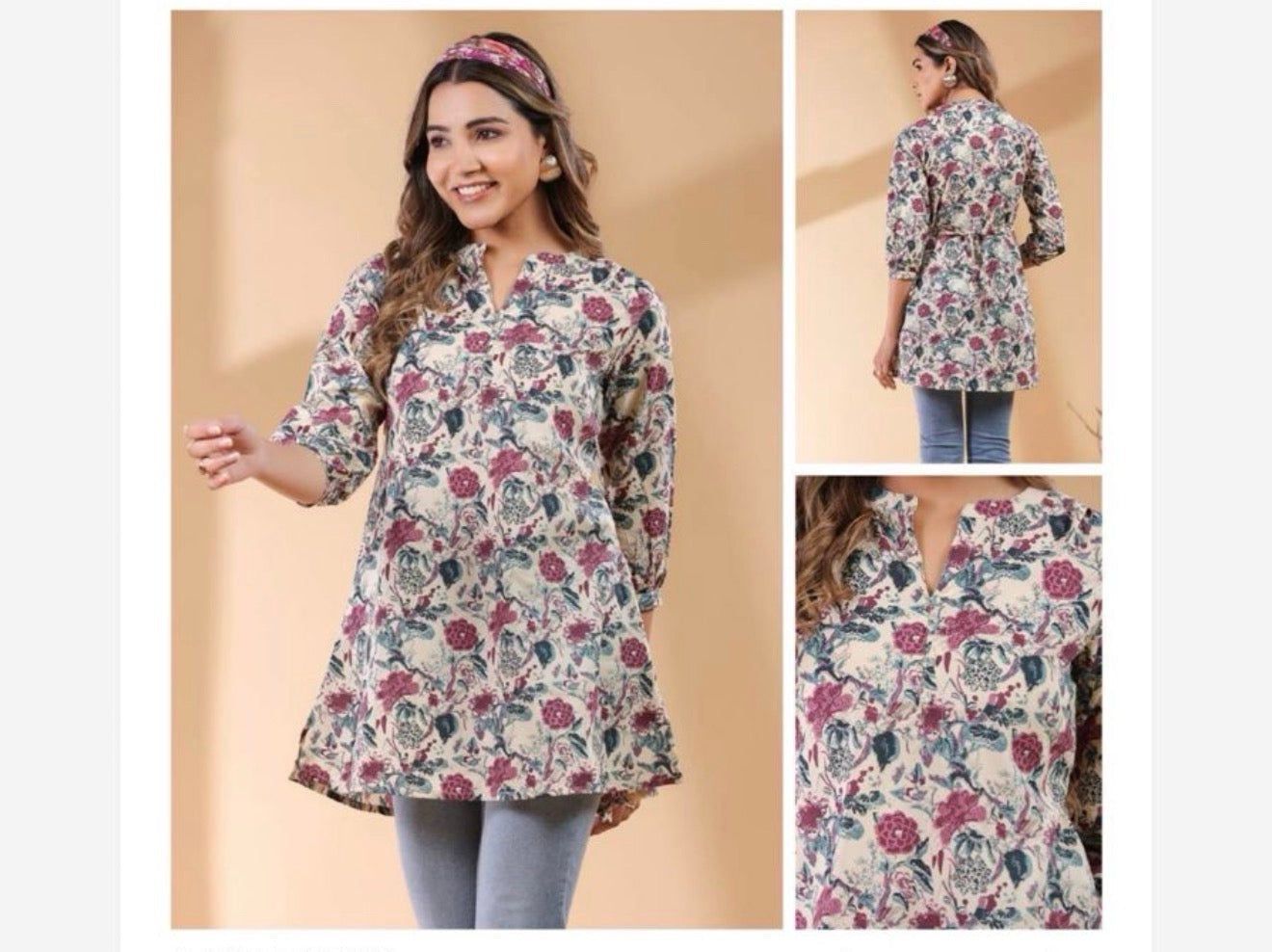 Jenesiya Beige Floral Longline Tunic — Band Collar Cotton Blend with Waist Tie