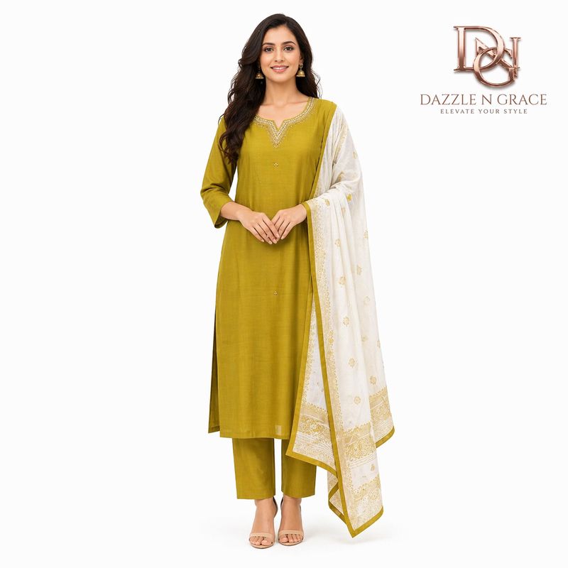 Golden Lime Silk-Blend Kurta with Embroidered Neckline | Festive Casual Ethnic Wear for Women