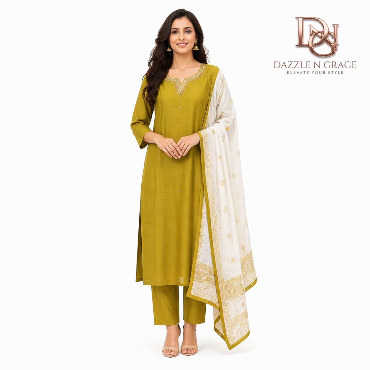 Golden Lime Silk-Blend Kurta with Embroidered Neckline | Festive Casual Ethnic Wear for Women, Colour: Green, Fabric: Silk, Size: L