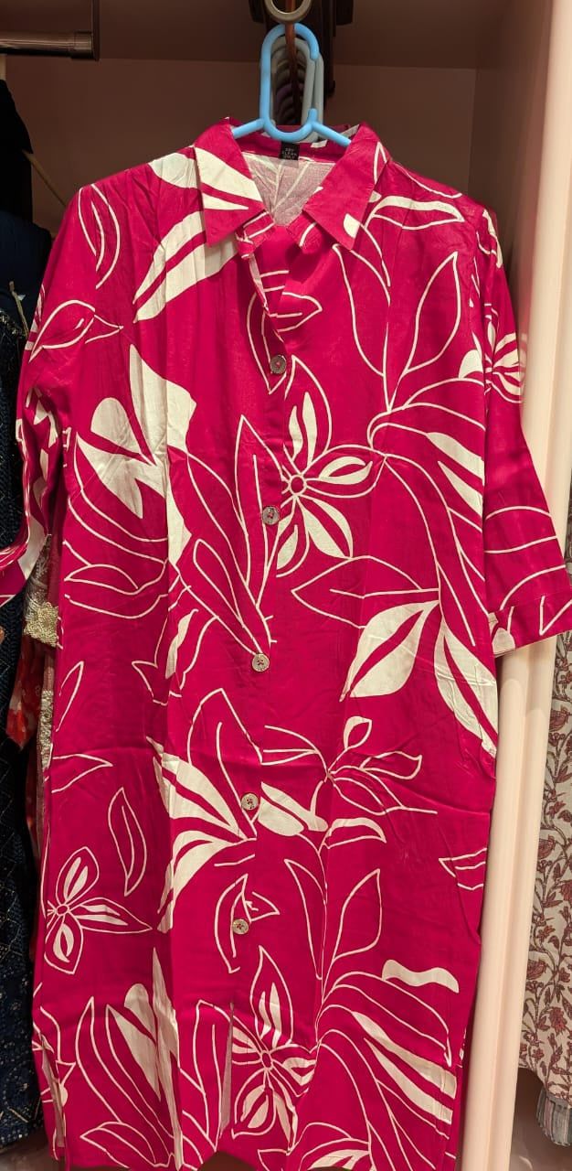 Hot Pink Tropical Button-Front Kurta with Pant | Fuchsia Ivory Leaf Print A-Line Rayon Viscose | Resort Casual, Colour: Pink, Fabric: Rayon, Size: XL