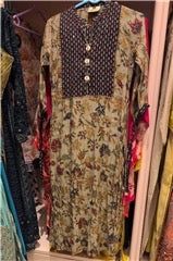 Floral Printed Cotton Coord Set | Beige &amp; Navy Contrast Yoke Shell Buttons Thread Detail | Office Travel Ethnic
