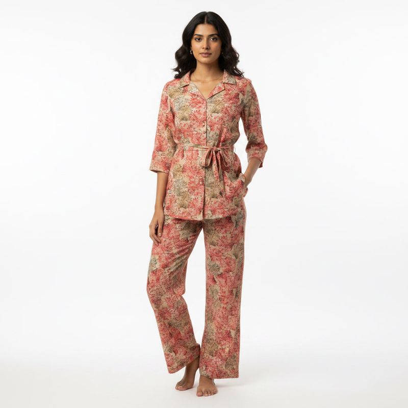 Floral Printed Loungewear Set with Belt | Rayon Collared Shirt &amp; Pants | Casual Coord