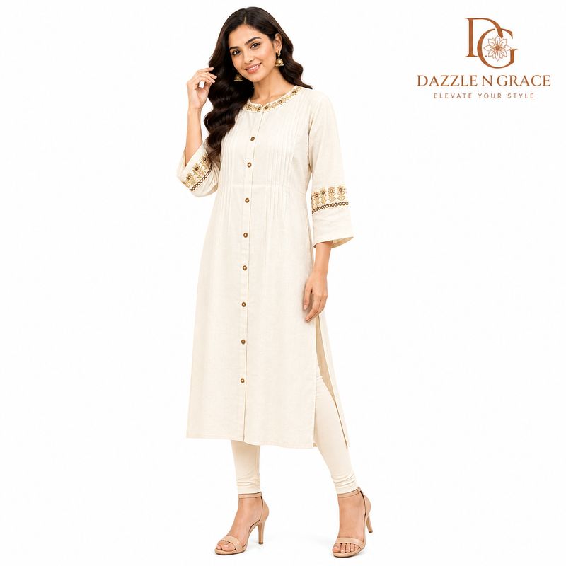 Ivory Embroidered Button-Down Long Kurti