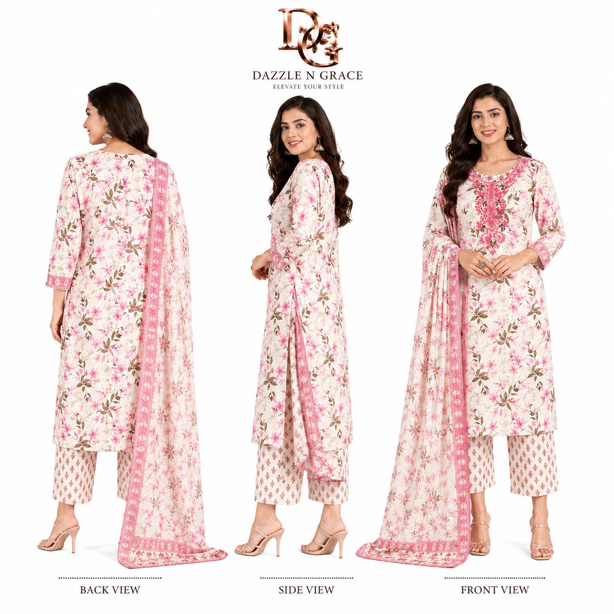 Ivory Floral Embroidered Salwar Suit with Dupatta | Elegant Festive Ethnic Wear for Women, Colour: Ivory, Fabric: Cotton, Size: L