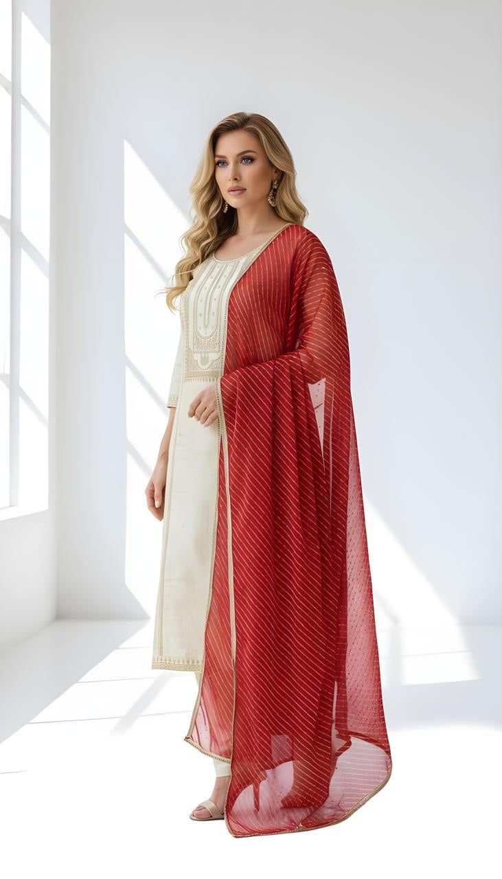 Ivory Embroidered Kurta Set with Red Bandhani Dupatta | Festive Ethnic Wear for Women, Colour: Golden With Red, Fabric: Other, Size: M