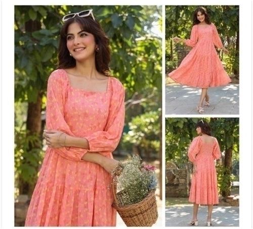 Jenesiya Coral Pink &amp; Yellow Floral Midi Dress — Square Neck Georgette with Balloon Sleeves