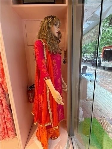 Jaipur Pink and Orange Embroidered Kurta Set with Dupatta, Colour: Pink, Fabric: Rayon &amp; Silk, Size: S