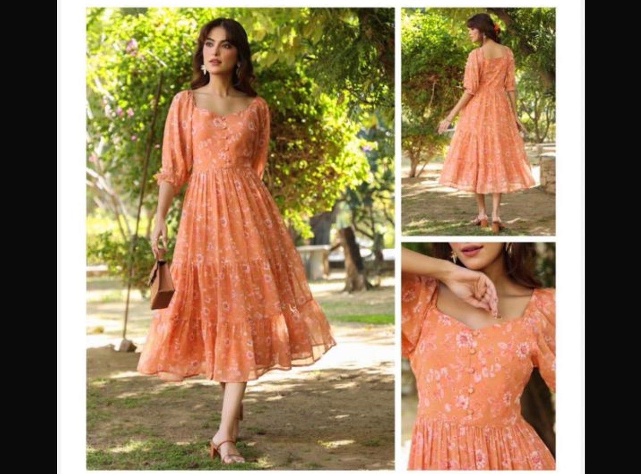 Jenesiya Floral Tiered Midi Dress — Georgette with Puff Sleeves in Peach, Red &amp; Lavender