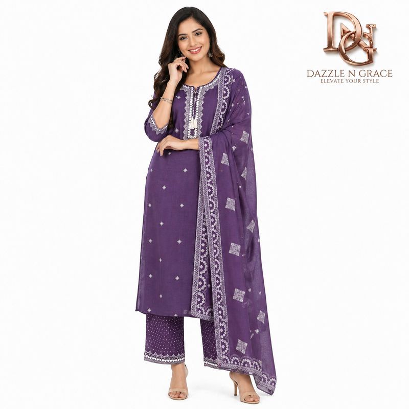 Aesha Purple Cotton Kurta Set with White Thread Embroidery &amp; Pant | Festive Ethnic Wear